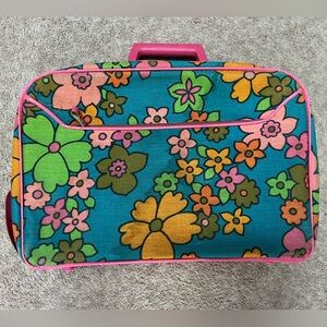 Floral Vintage Suitcase with Pink Trim